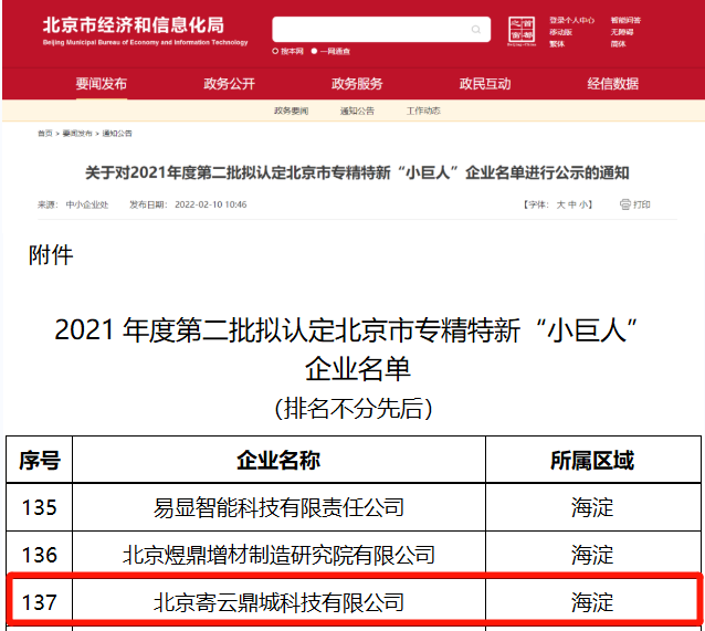 喜讯 | 寄云科技成功入选2021年度第二批北京市专精特新“小巨人”企业